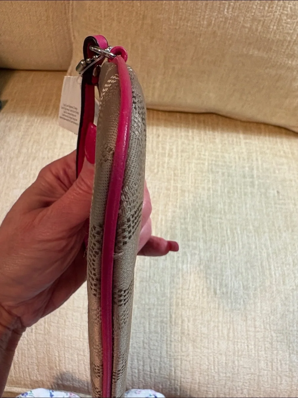 Coach Khaki Signature Canvas Wristlet with Pink Trim